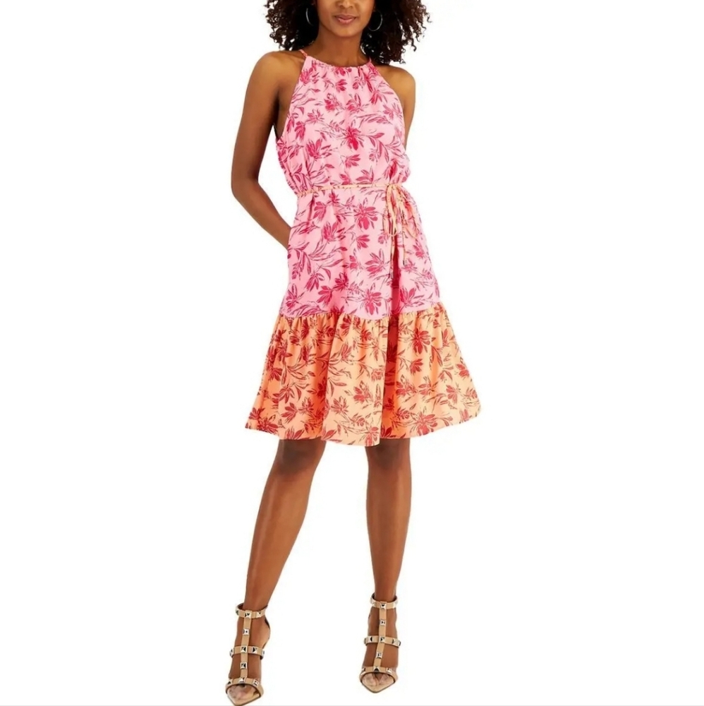 INC Womens Pink Floral A-Line Sleeveless Halter Dress Size 8 pockets